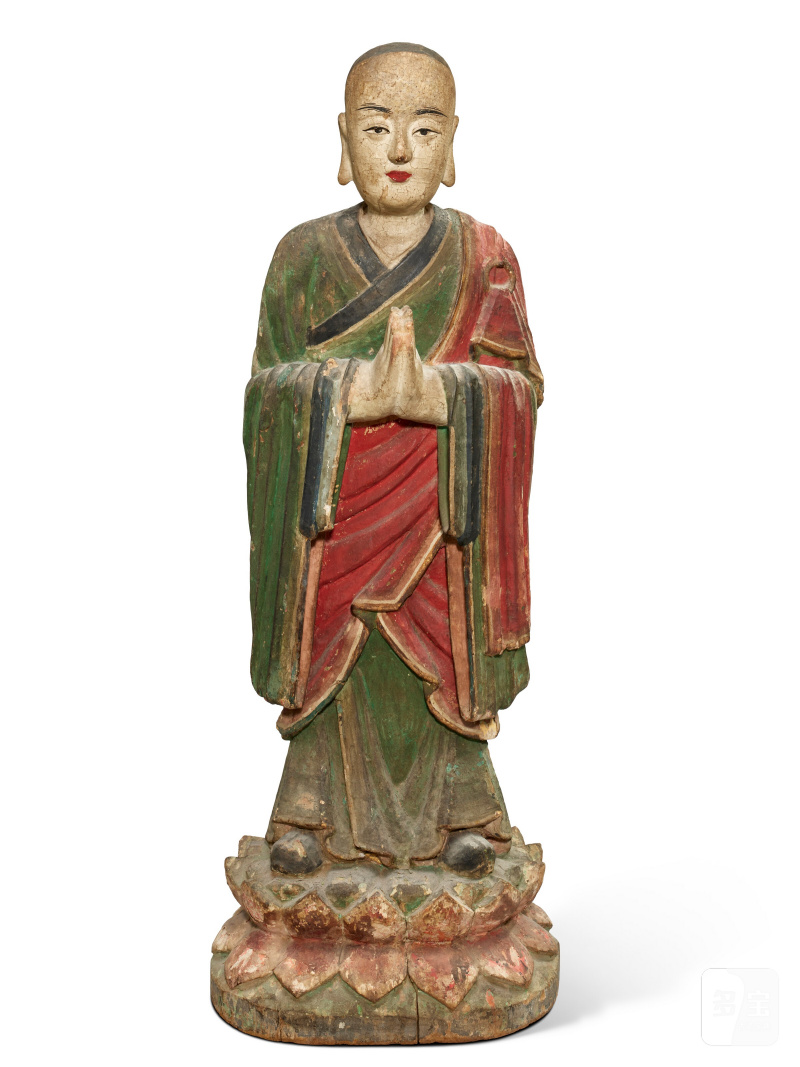 STATUE D'ANANDA EN BOIS ET STUC POLYCHROME  CORÉE, DYNASTIE JOSEON, XIXE SIÈCLE - 图1